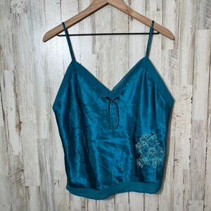 Vintage Y2K Secret Treasures Teal Satin Mesh Floral Cami Slip Top‎ Womens Large